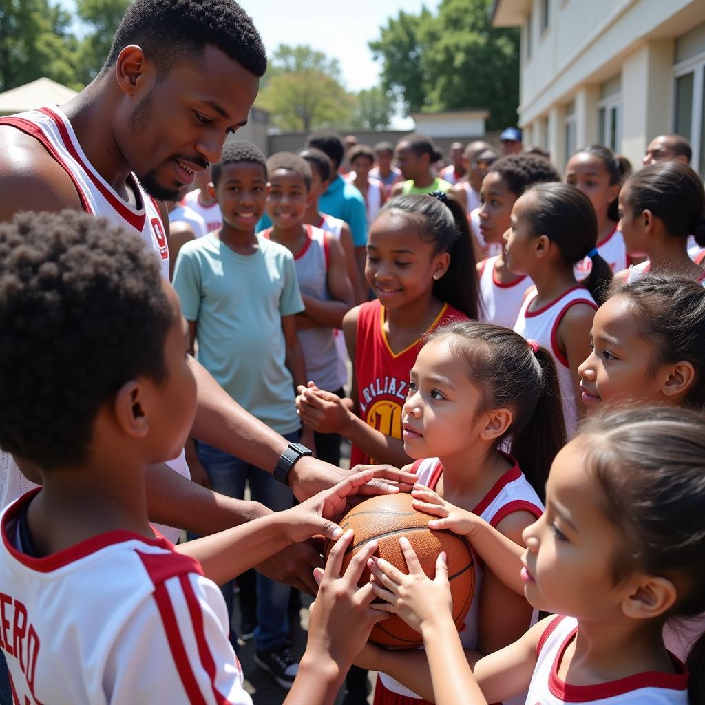 Several basketball players participating in a community outreach program, interacting with children and promoting healthy lifestyles.