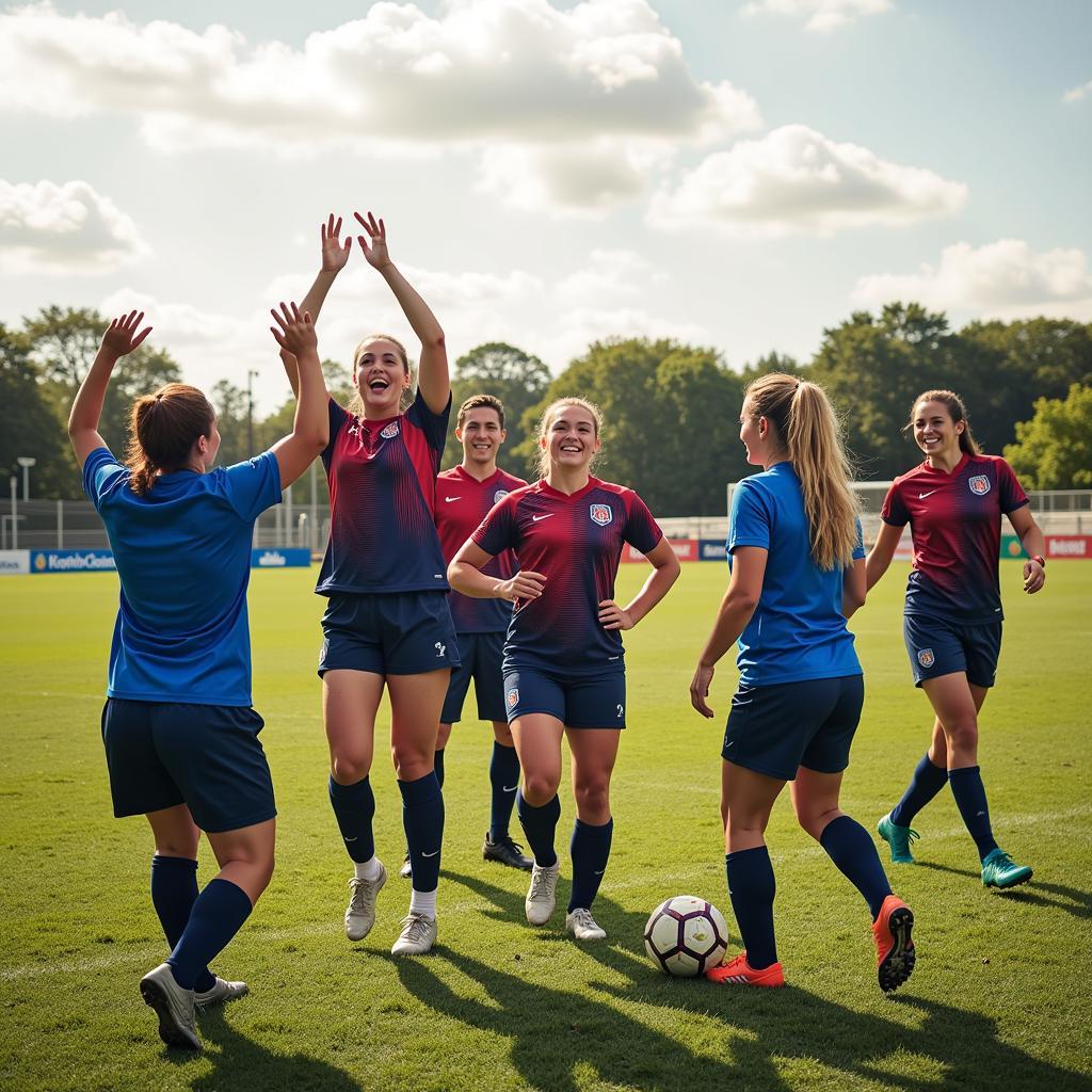 A well-rounded footballer celebrating a goal with their team