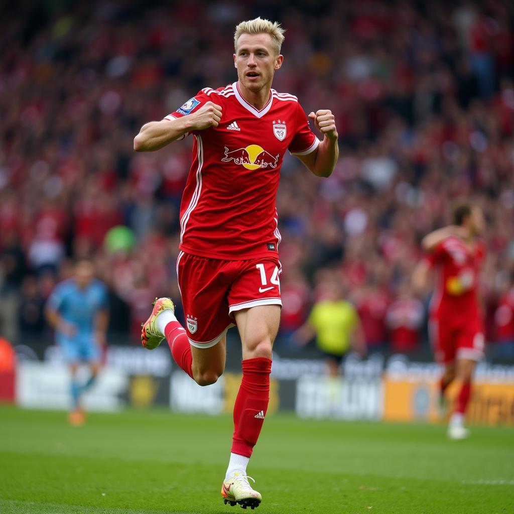 Bjoro Haaland celebrating a Champions League goal for Red Bull Salzburg