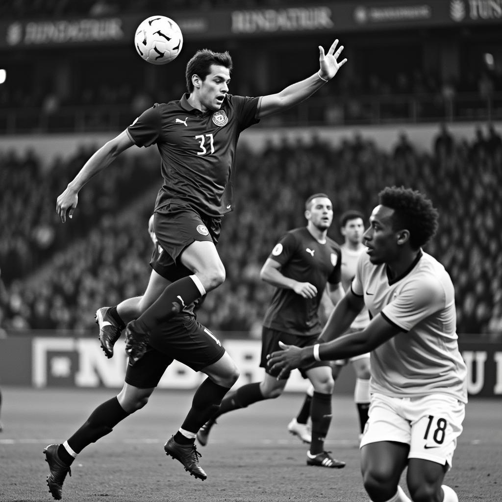 Dynamic black and white action shot of a football match