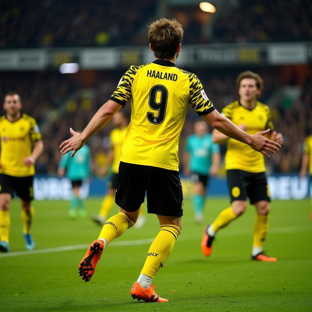 Erling Haaland celebrating a goal in his Borussia Dortmund jersey