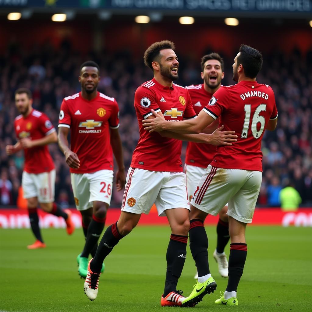 Bruno Fernandes celebrates a goal at Old Trafford with his Manchester United teammates