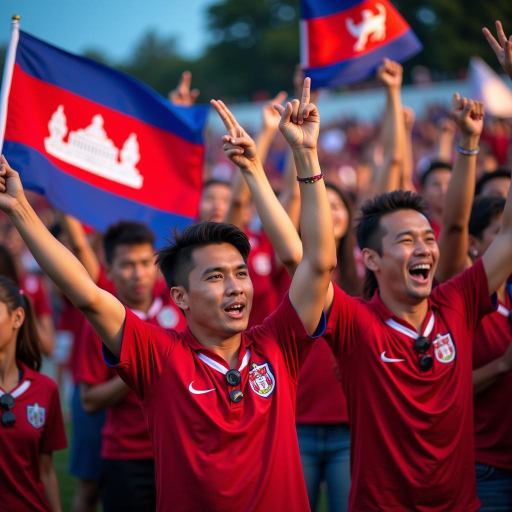 Cambodian football fans celebrating a goal, showcasing national pride