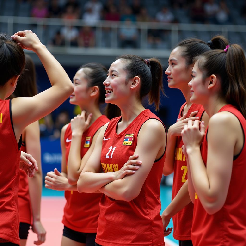 Vietnamese Volleyball Players Celebrating a Draw