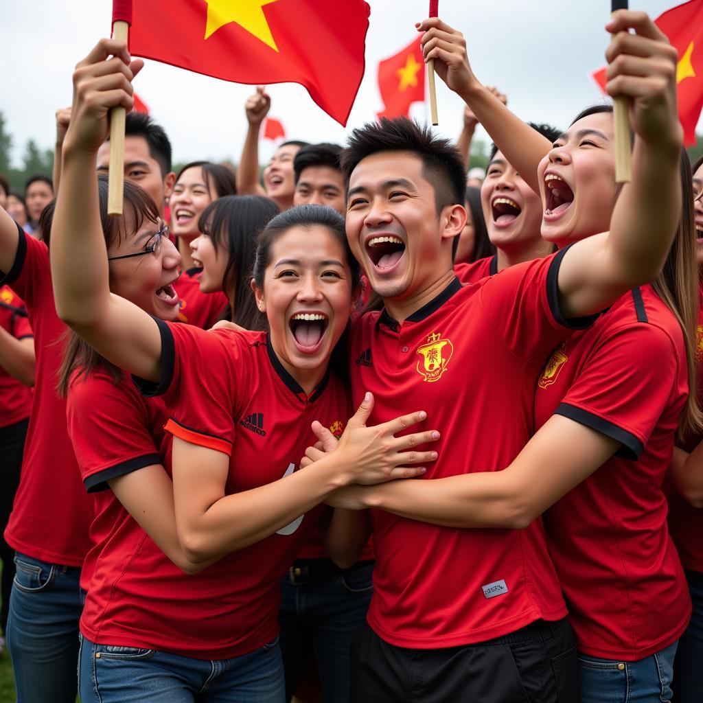 A group of people celebrating a football victory in Vietnam.