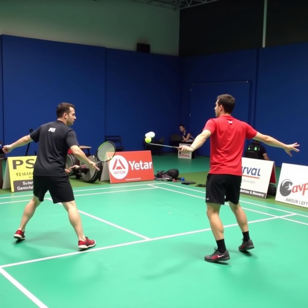 Badminton players engaged in combination defense drills