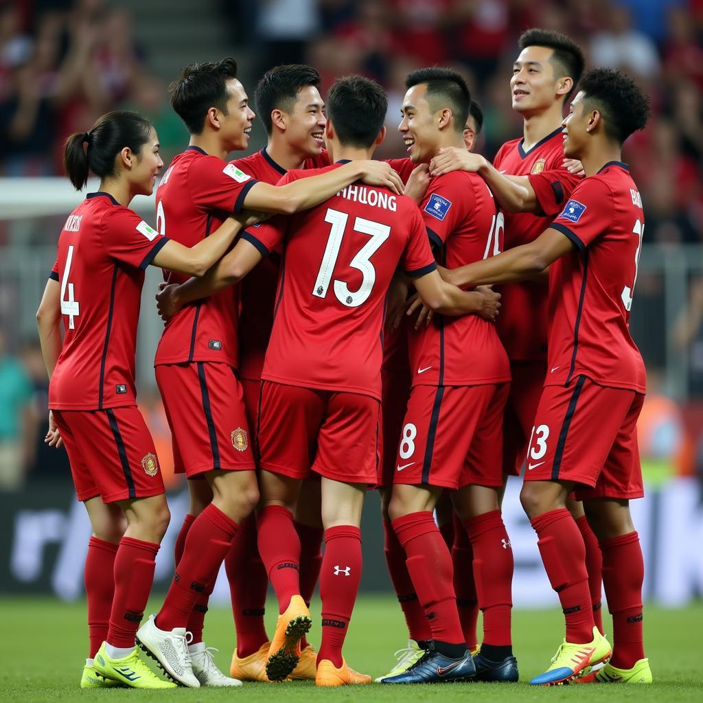 Cong Phuong celebrating a goal with his national team teammates.