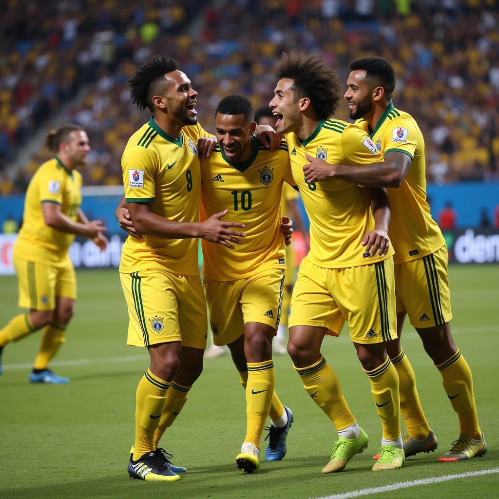 A player celebrating a goal with teammates