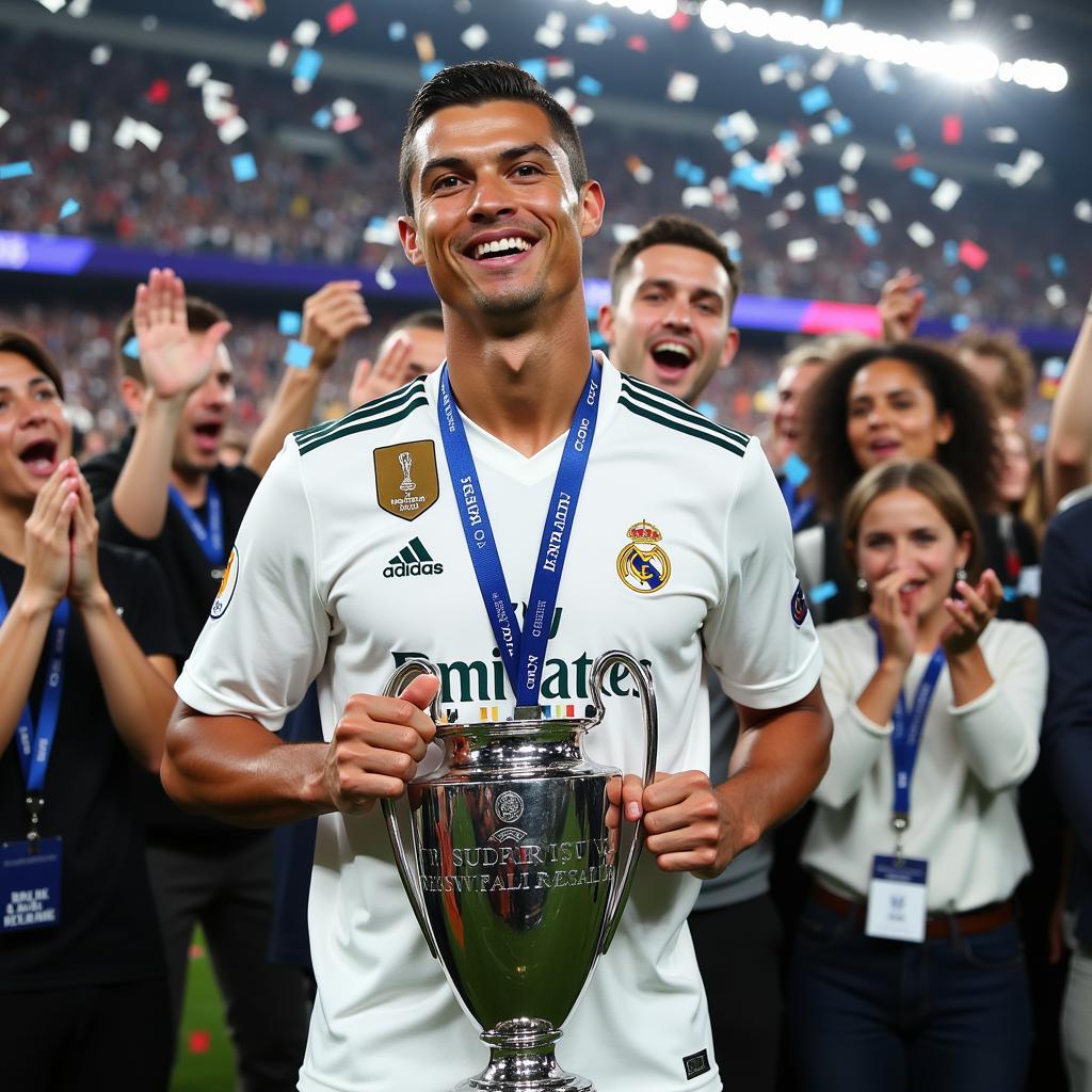 Cristiano Ronaldo celebrates winning the Best UEFA Player 2017 award.