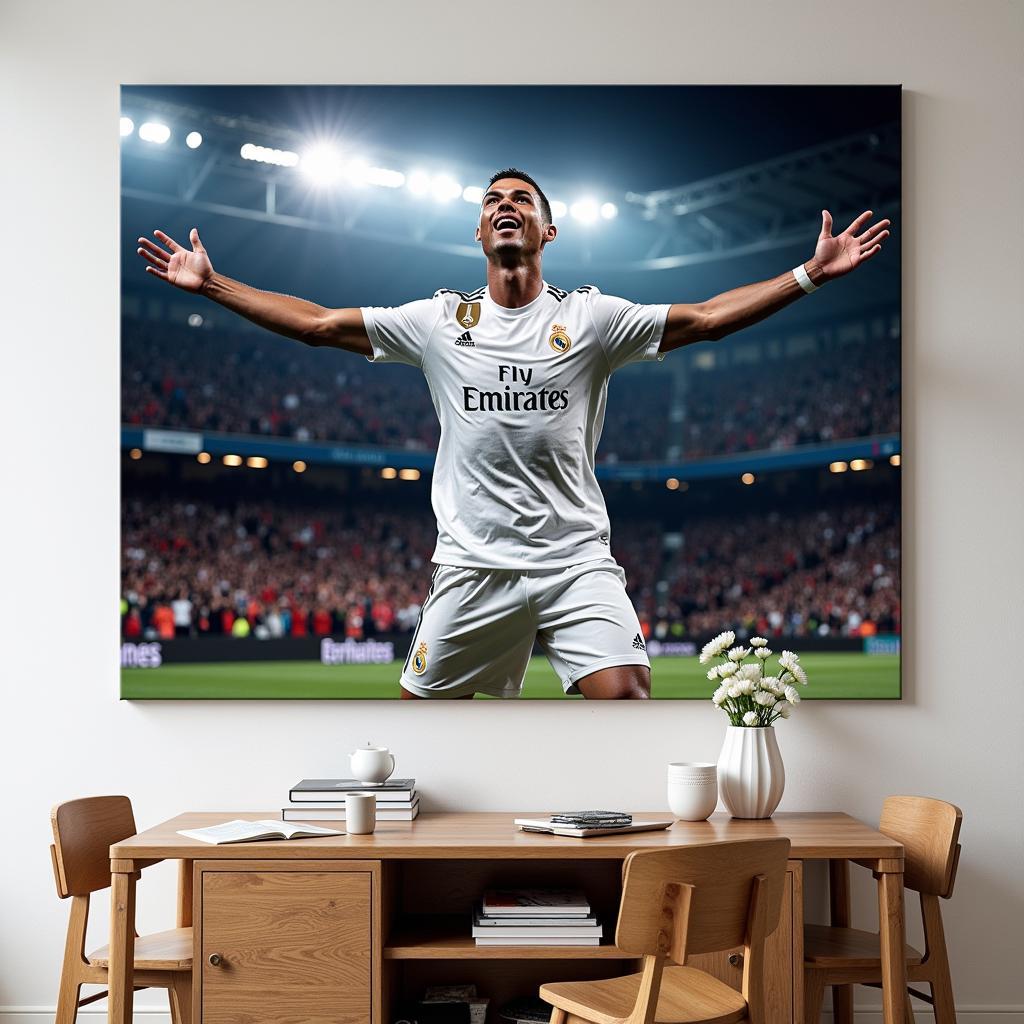 Cristiano Ronaldo celebrates a victory on a large canvas print.