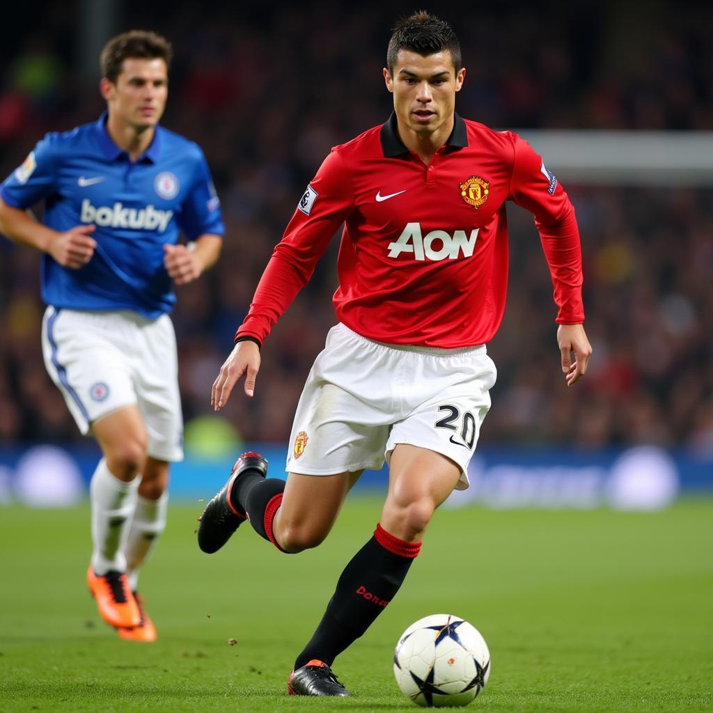 Cristiano Ronaldo dribbling past a defender in a Manchester United jersey in 2007.