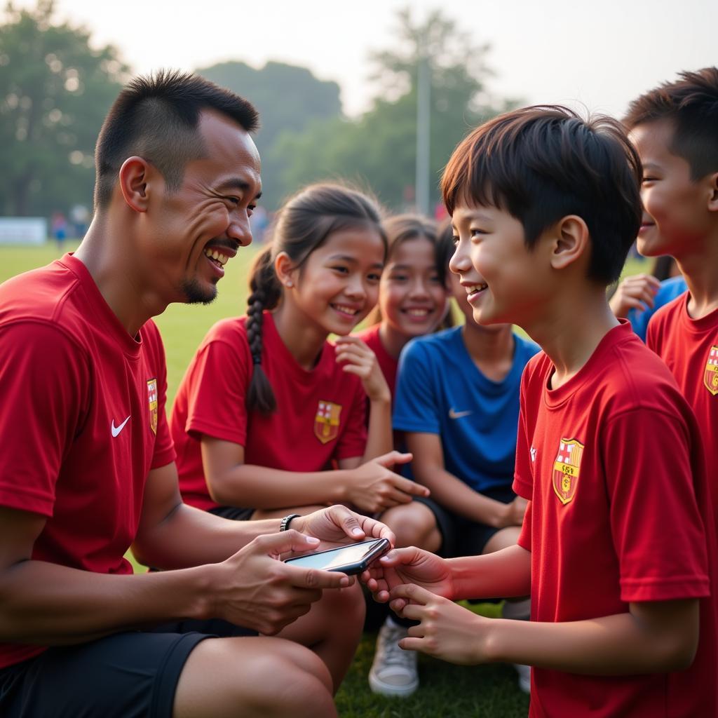 Dang Van Thanh interacting with young football fans, demonstrating his role as a role model.