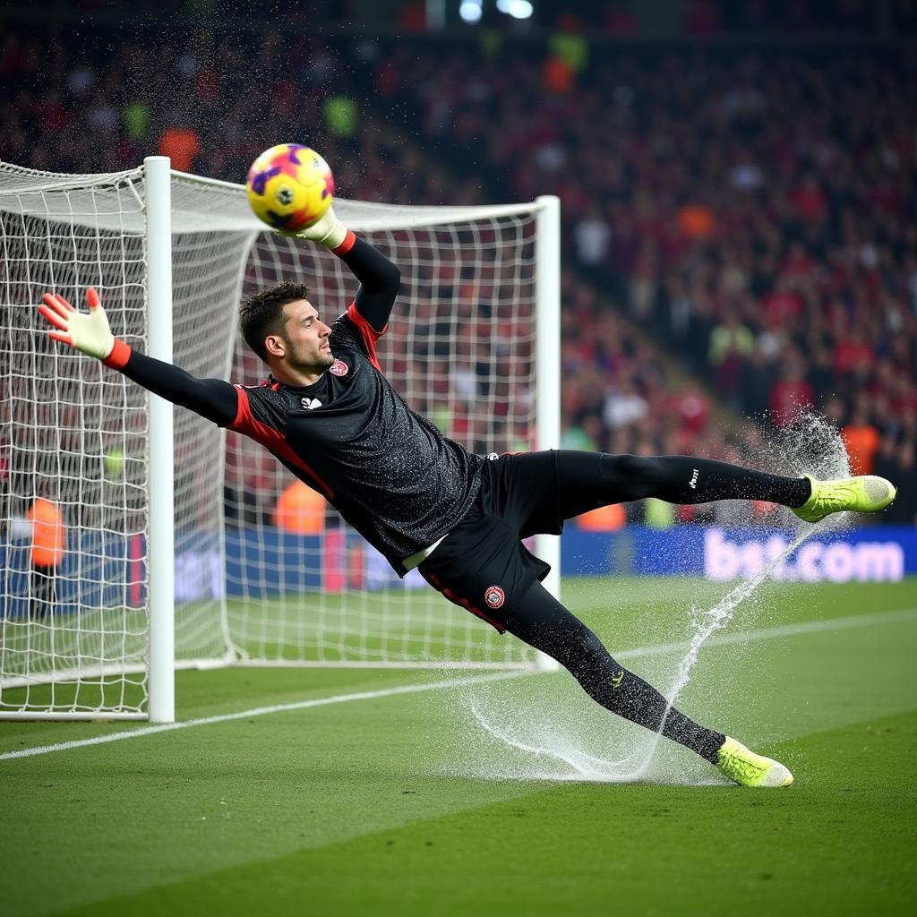 David Gea makes a diving save, resembling a figure emerging from water.