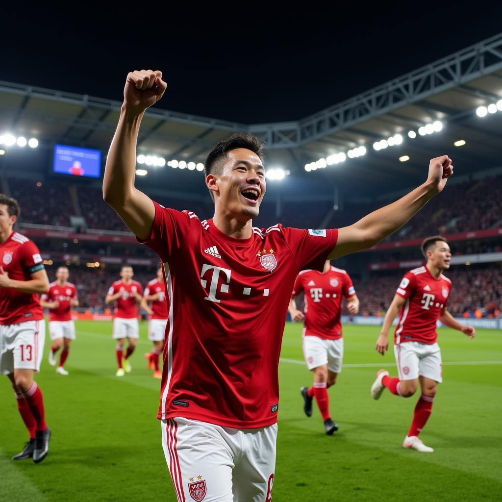 Dennis Chung celebrates after scoring a crucial goal, surrounded by teammates.