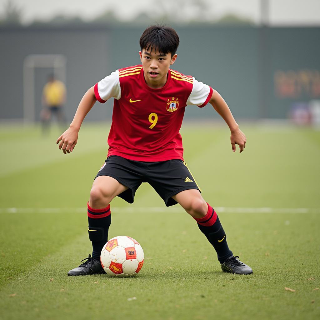 Dinh Thanh Binh in his youth club uniform, holding a football and smiling at the camera.