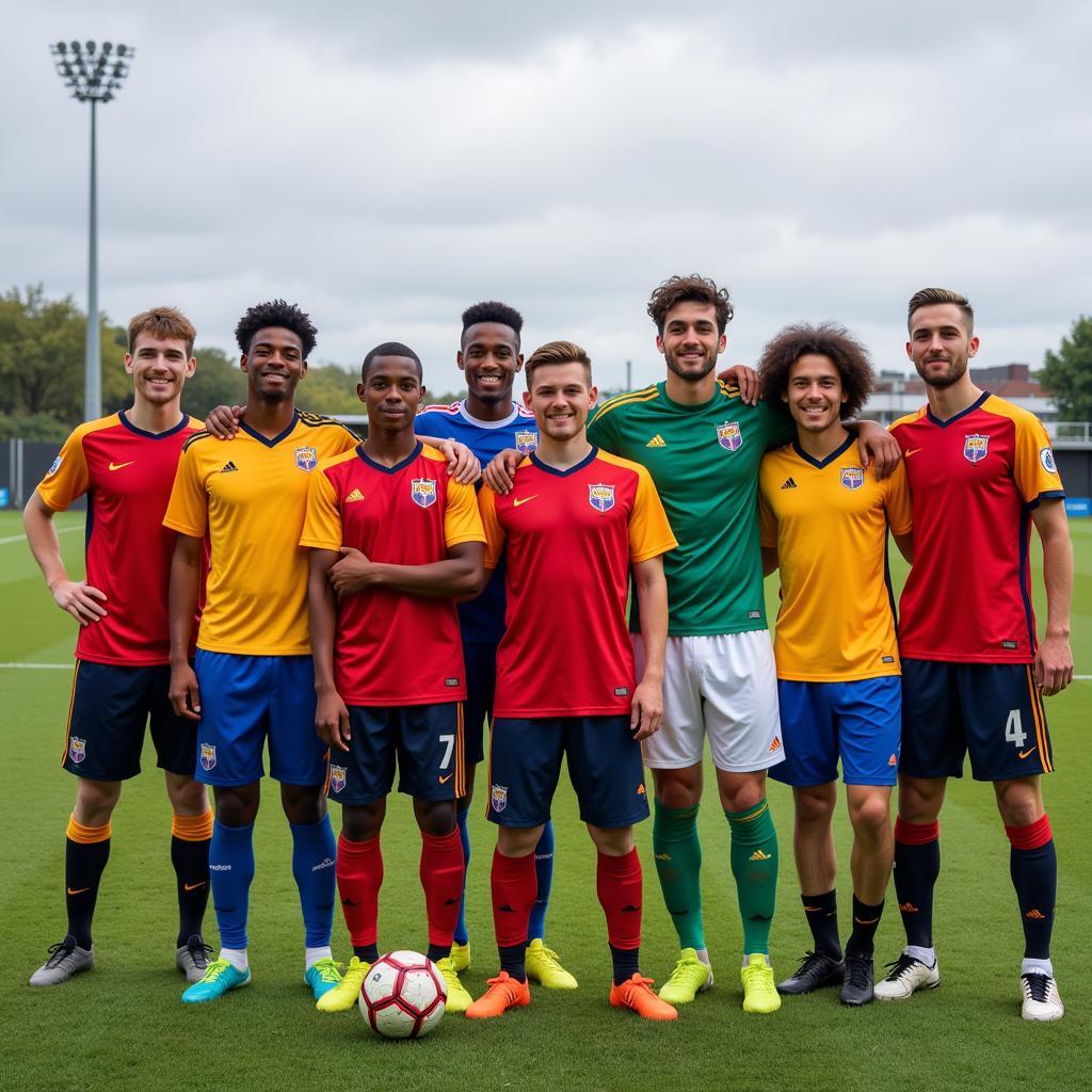 A diverse football team posing together, showing unity and inclusivity