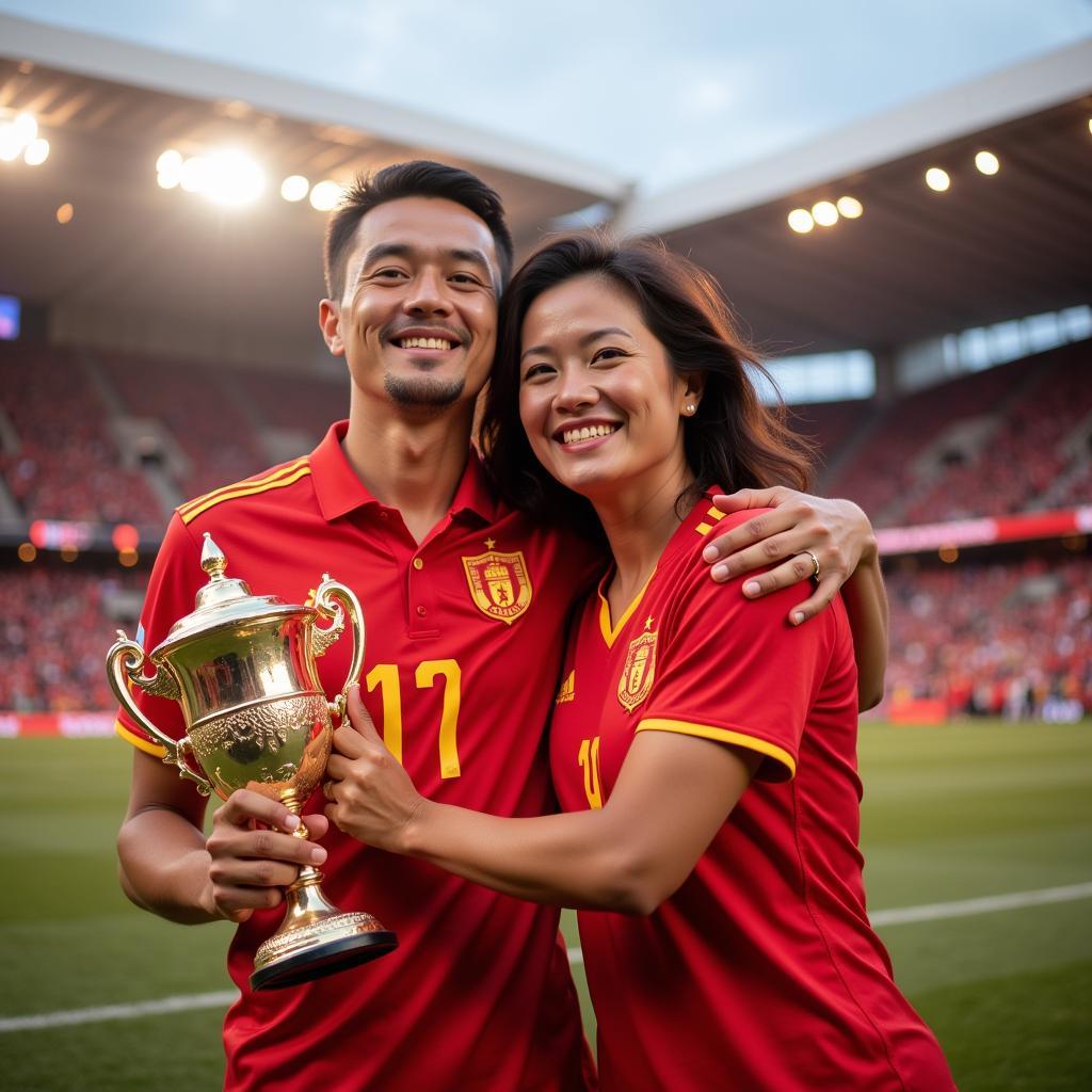 Do Hung Dung and his wife celebrate a victory together, showcasing their strong bond and shared joy.