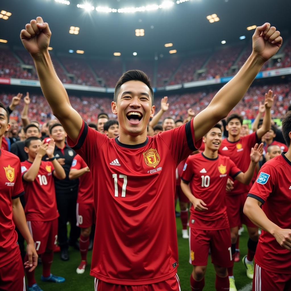 Doan Van Hau celebrating a victory with his teammates