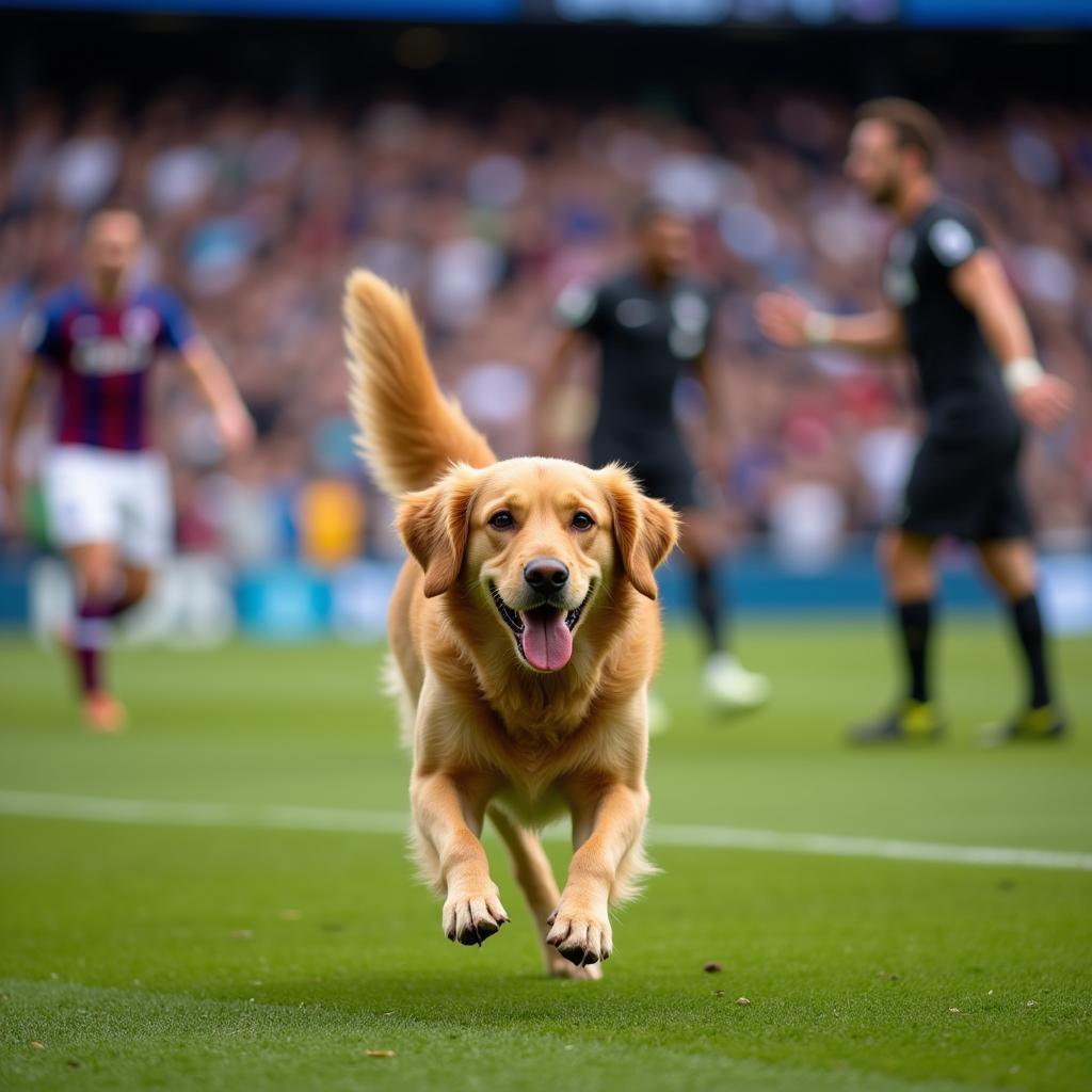 Dog interrupting a football match by running onto the field