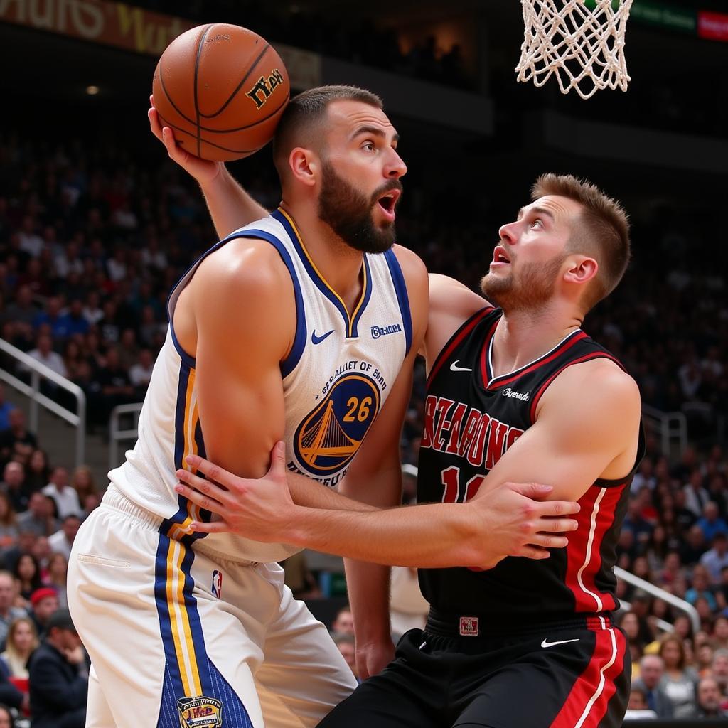 Domantas Sabonis grabs a rebound for the Sacramento Kings against a rival team.