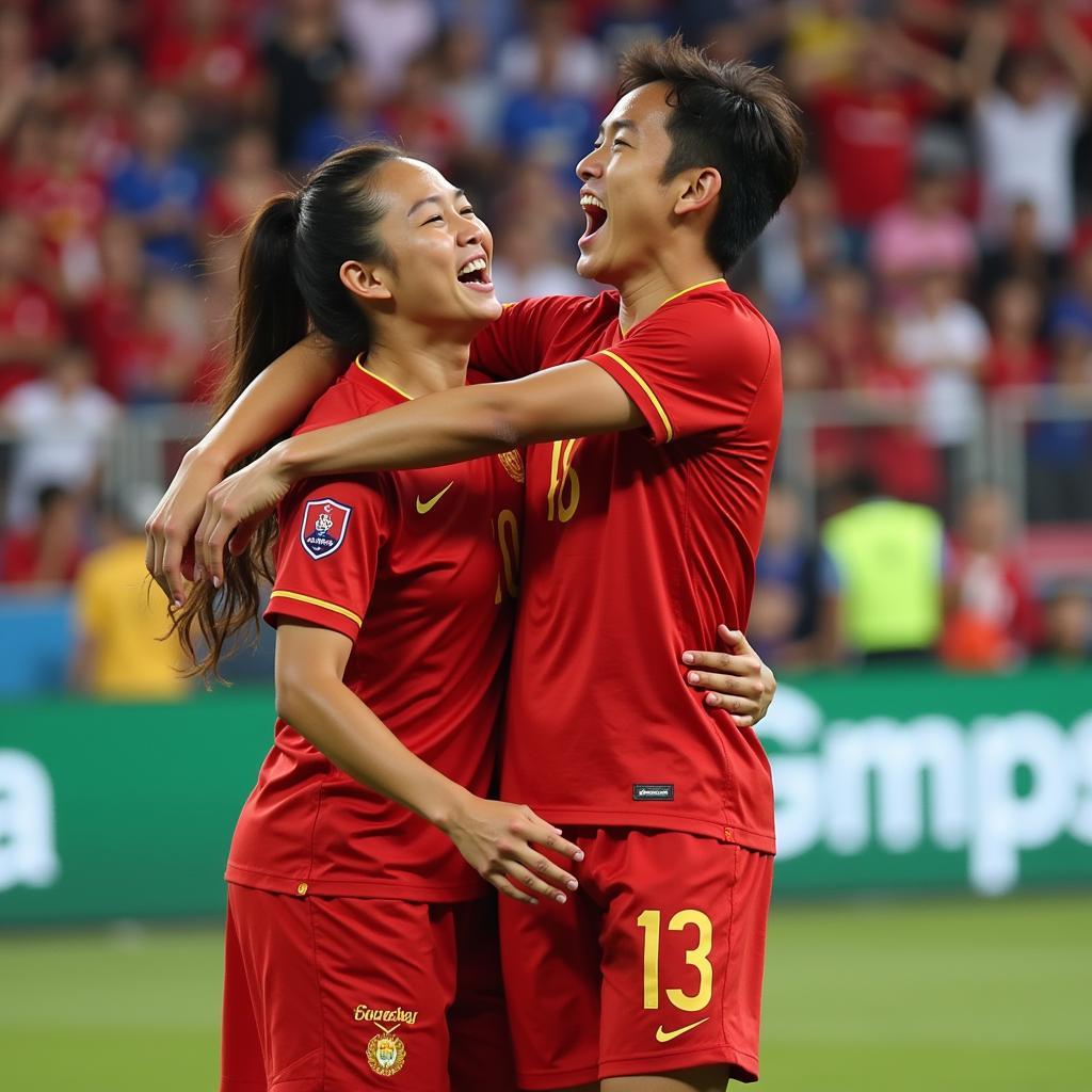 Duc Huy celebrating a goal with his teammates