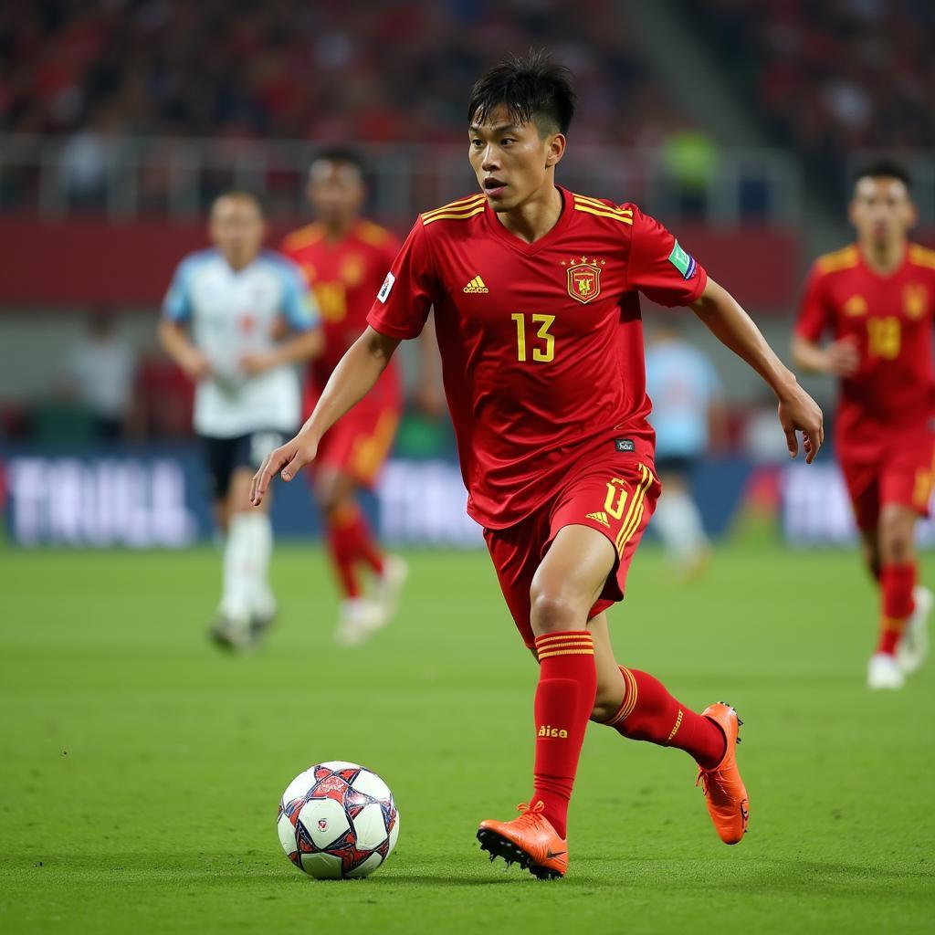 Duc Huy, Vietnamese midfielder, in action during a football match