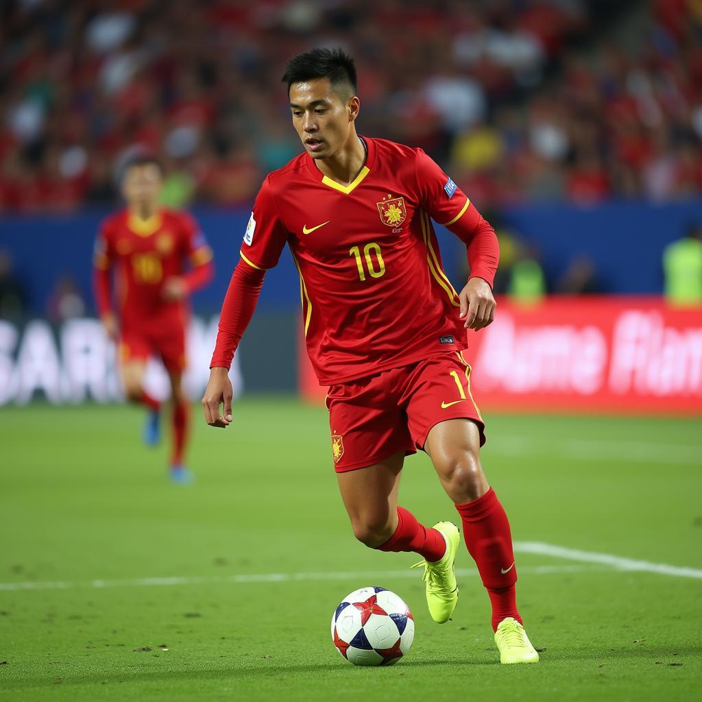 Duc Huy representing Vietnam in an international football match