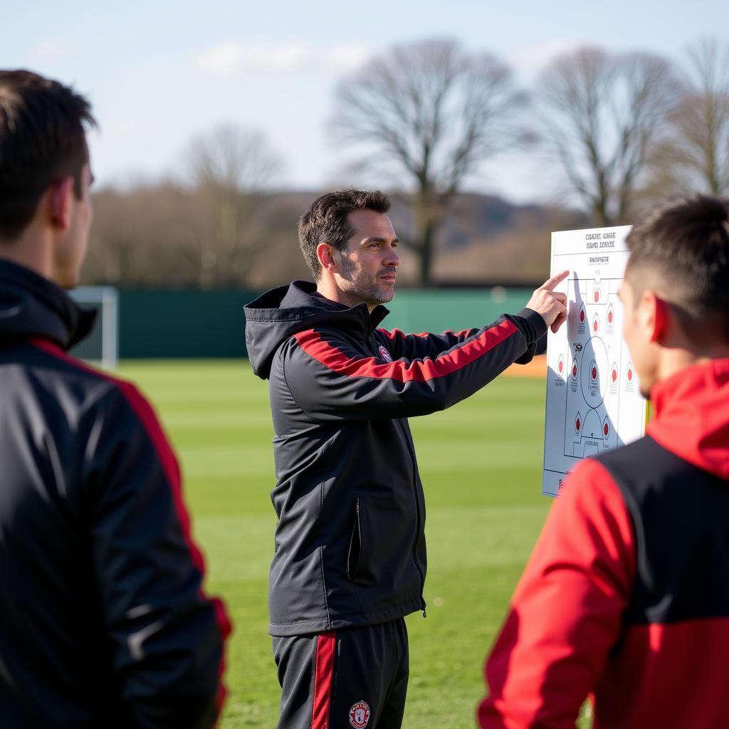 Unai Emery discussing tactics with his players