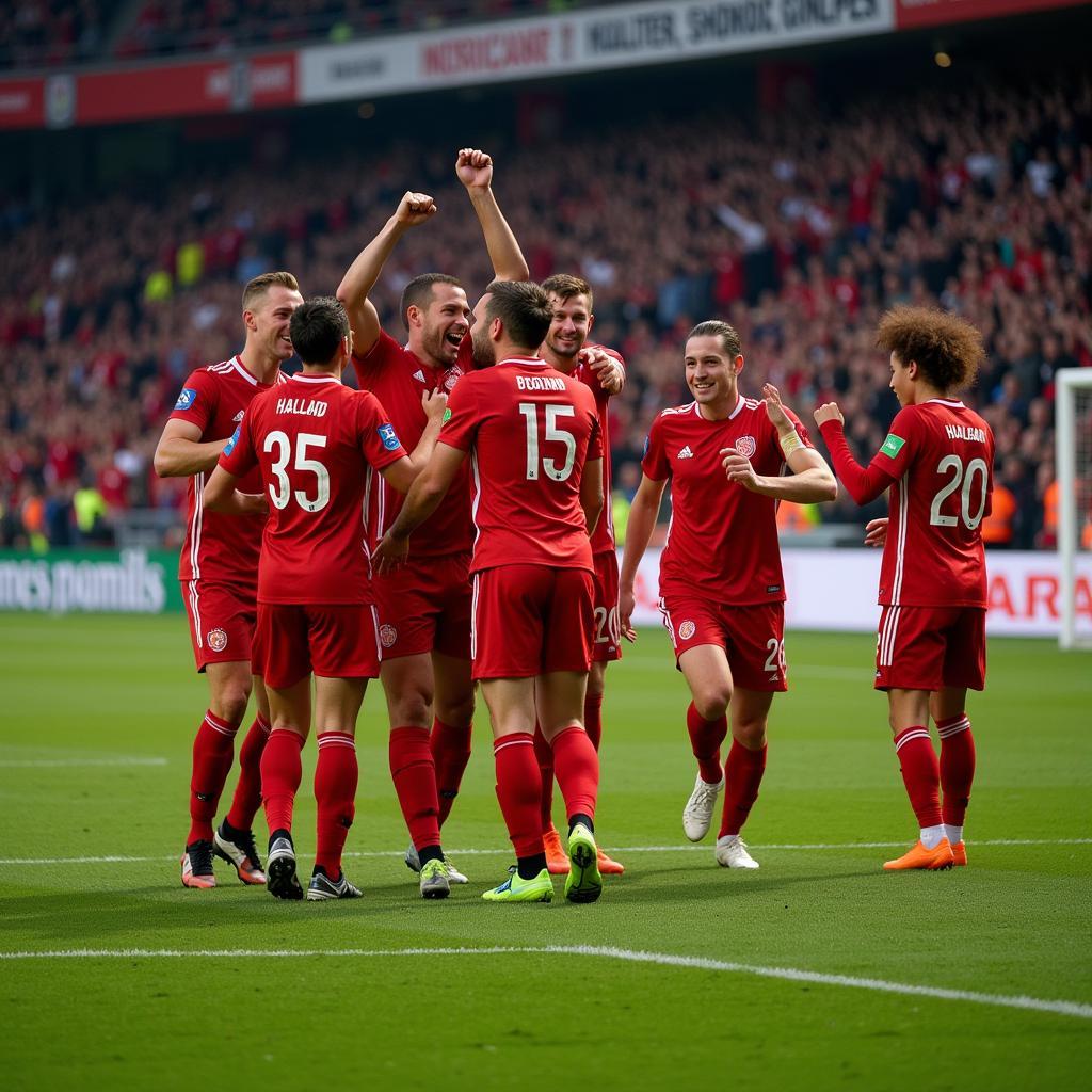 Erling Haaland celebrates a goal as captain, fist pumped in the air, with teammates surrounding him.