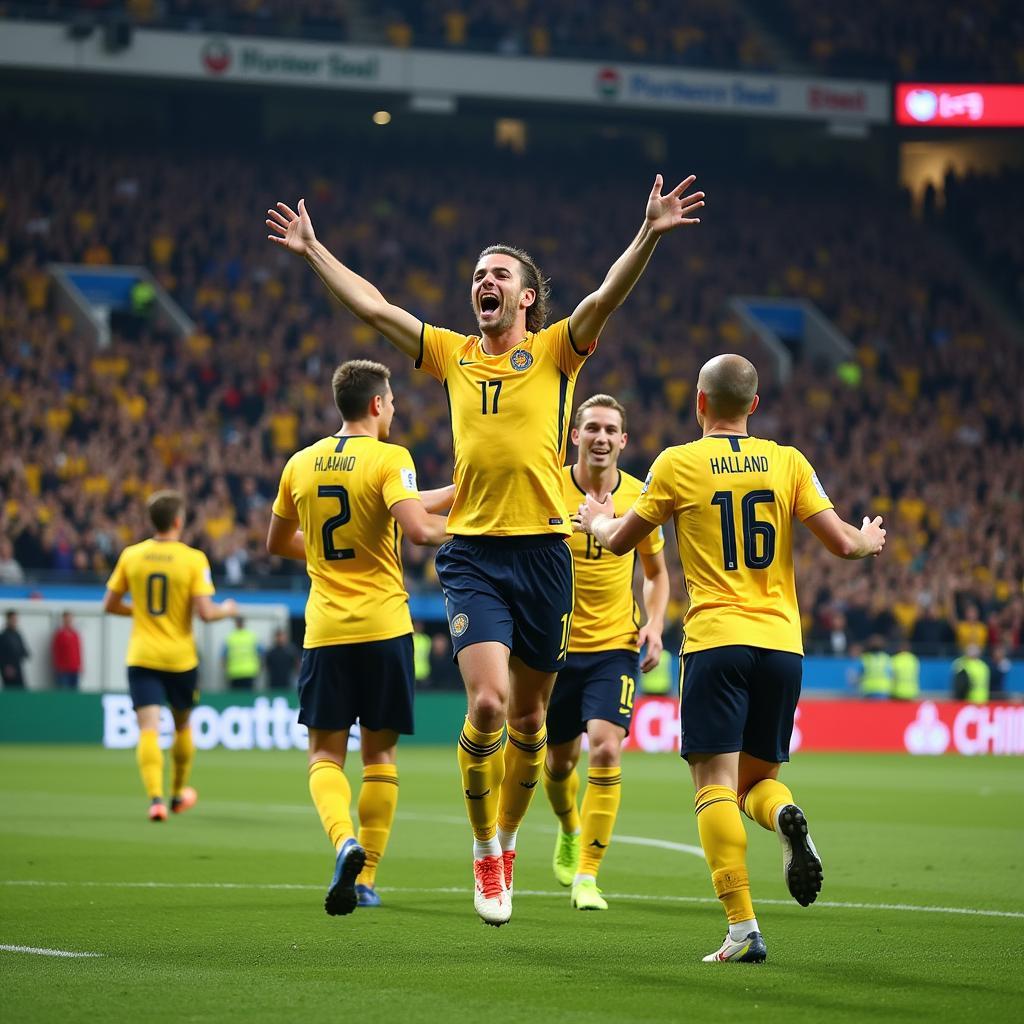 Erling Haaland celebrating a goal after scoring