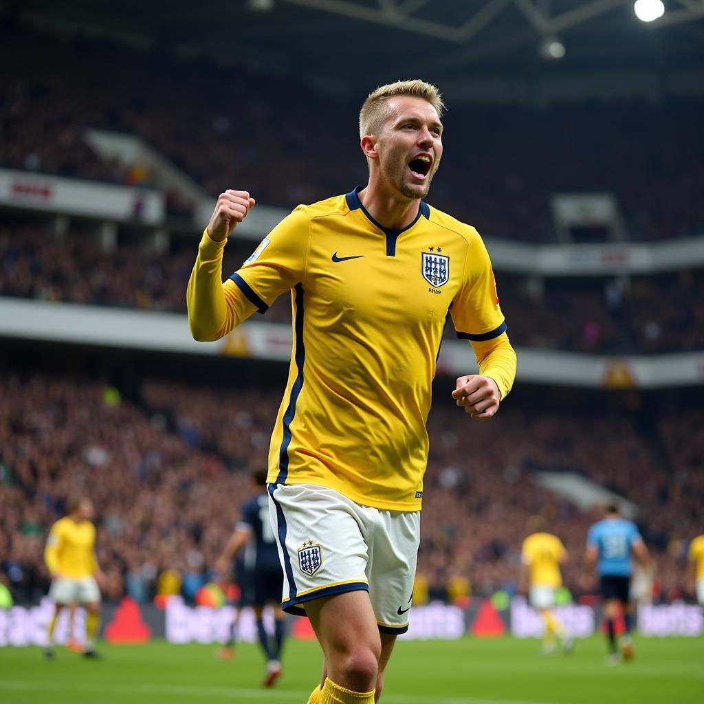 Erling Haaland celebrates a goal, pumping his fist in the air with a determined look on his face. The crowd behind him is a blur of cheering fans.