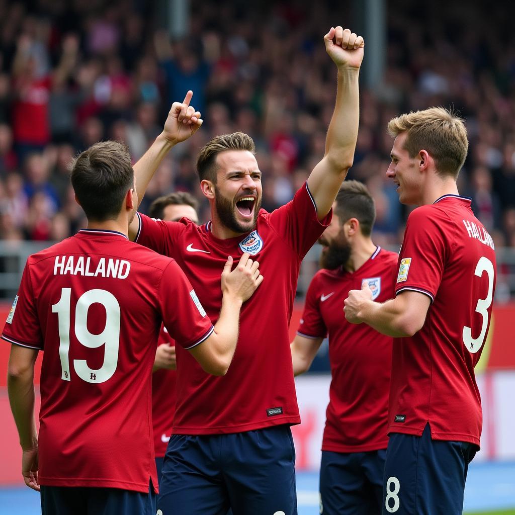 Erling Haaland celebrates a goal with his teammates, showcasing the joy and camaraderie of football.