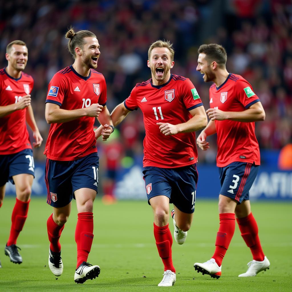 Erling Haaland celebrates a spectacular goal with his teammates.