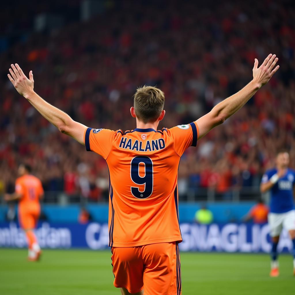 Erling Haaland celebrating a goal while wearing his signature tricou Haaland