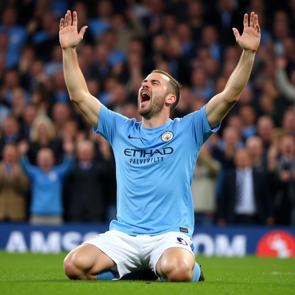 Erling Haaland celebrates a goal for Manchester City, showcasing his signature celebration and the joy of scoring.