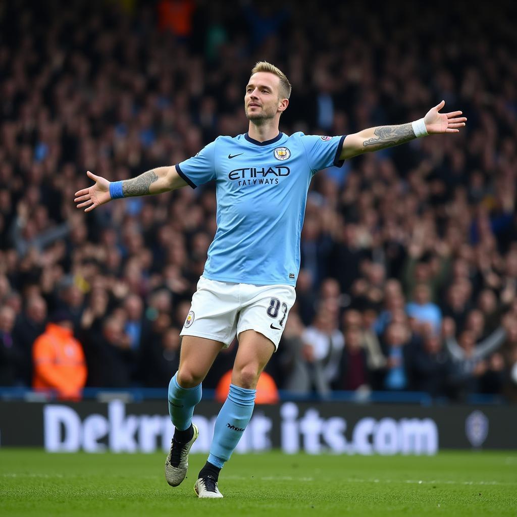 Erling Haaland celebrates a goal for Manchester City, showcasing his signature meditation pose.