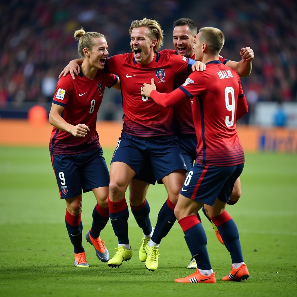 Erling Haaland celebrating a goal with his teammates