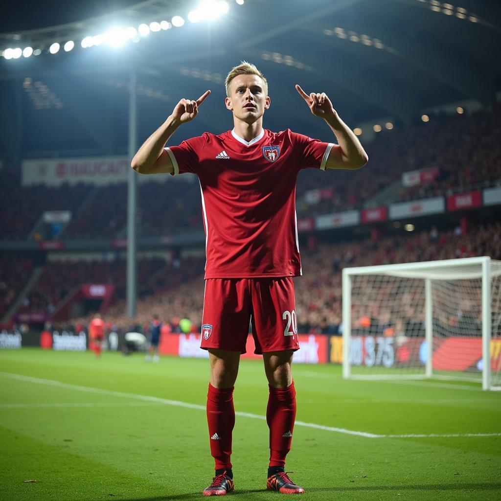 Erling Haaland celebrates a goal with his signature meditation pose. The image captures the energy and excitement of his goal-scoring prowess.