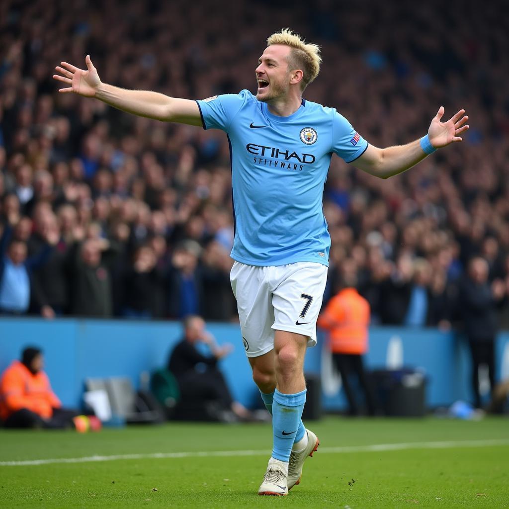 Erling Haaland celebrates a goal with Man City fans, showcasing his connection with the supporters.