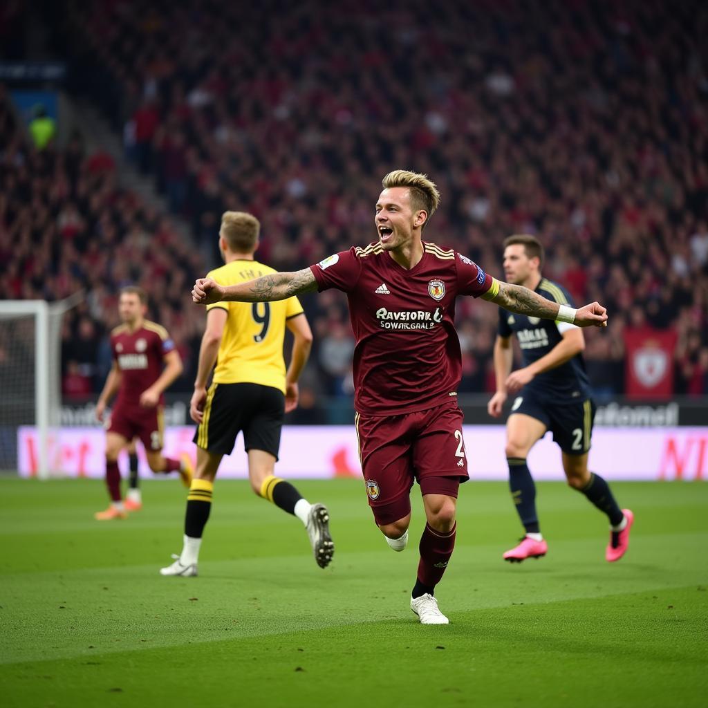 Erling Haaland celebrates a goal after outmaneuvering a defender.