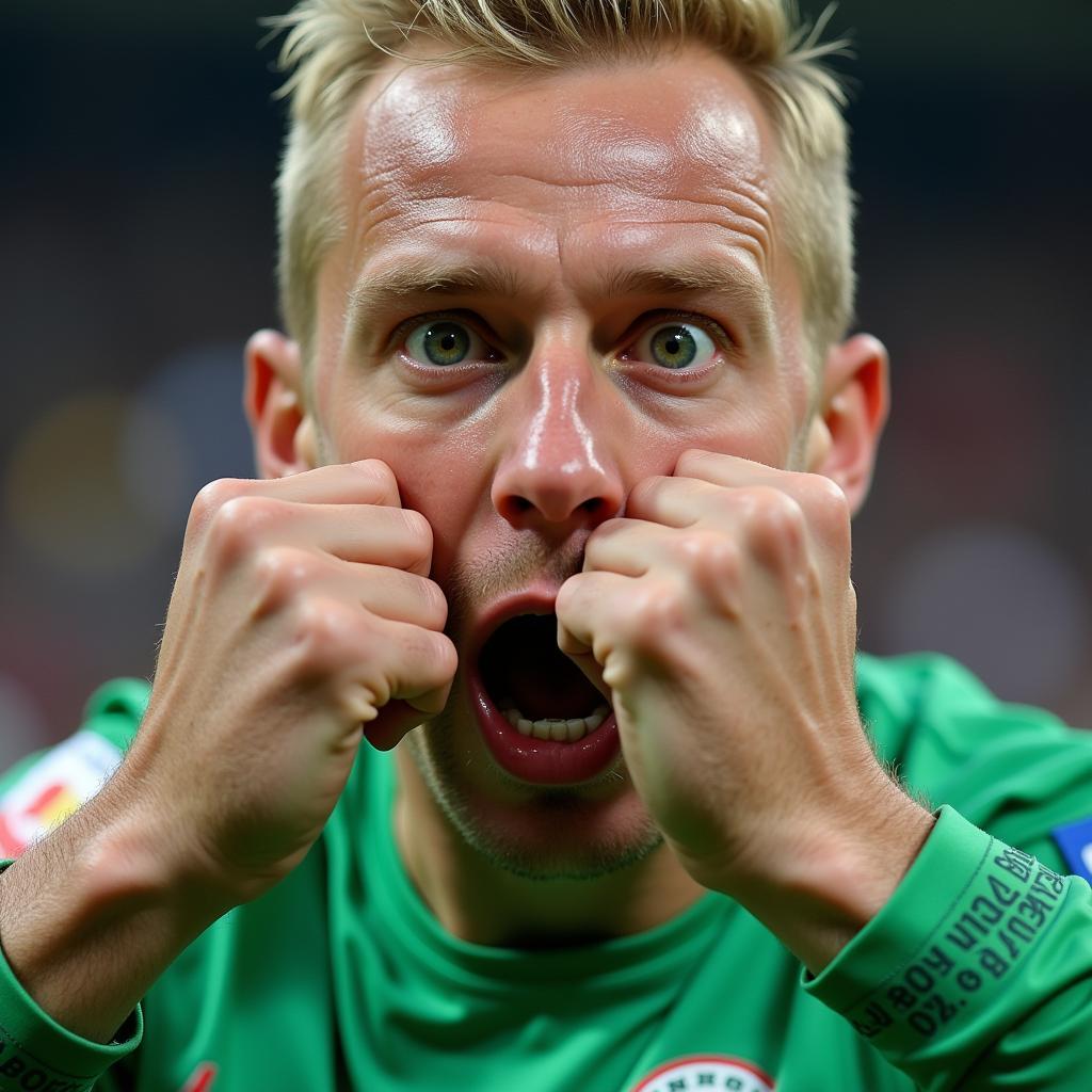 Close-up of Erling Haaland's green eyes as he celebrates a goal.