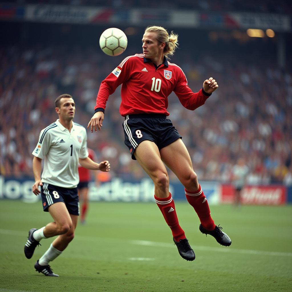 Erling Haaland winning a header against a defender