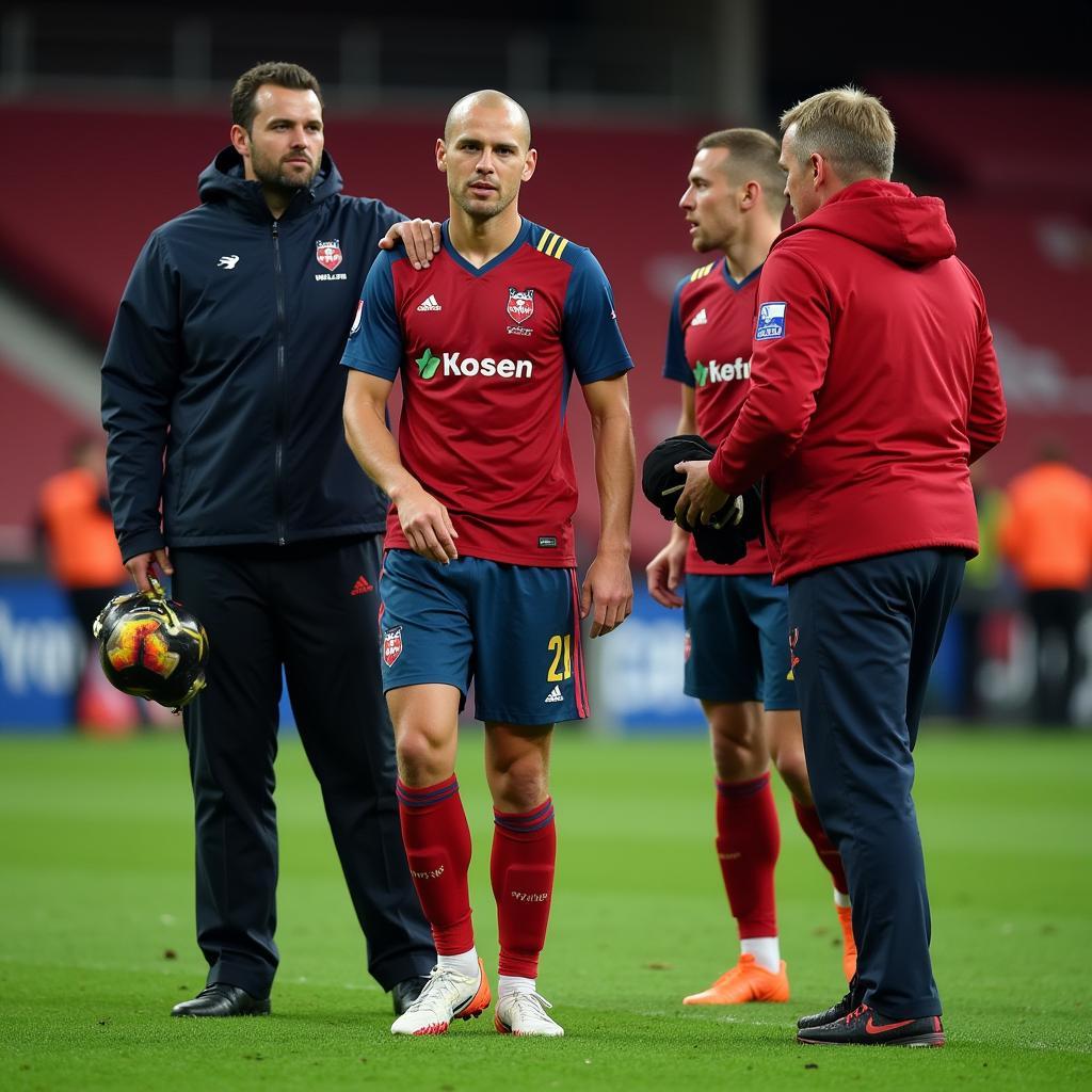 Erling Haaland nursing an injury during a 2023 match.