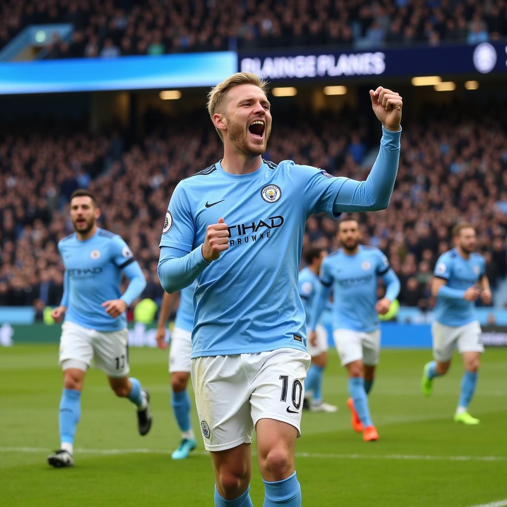 Erling Haaland celebrating a goal in a Manchester City jersey.