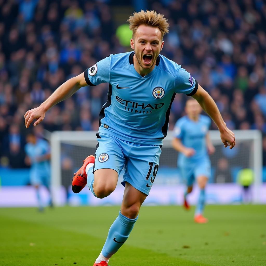 Erling Haaland celebrates a goal in his Man City kit, fist pumped, roaring with joy, Etihad Stadium in the background.