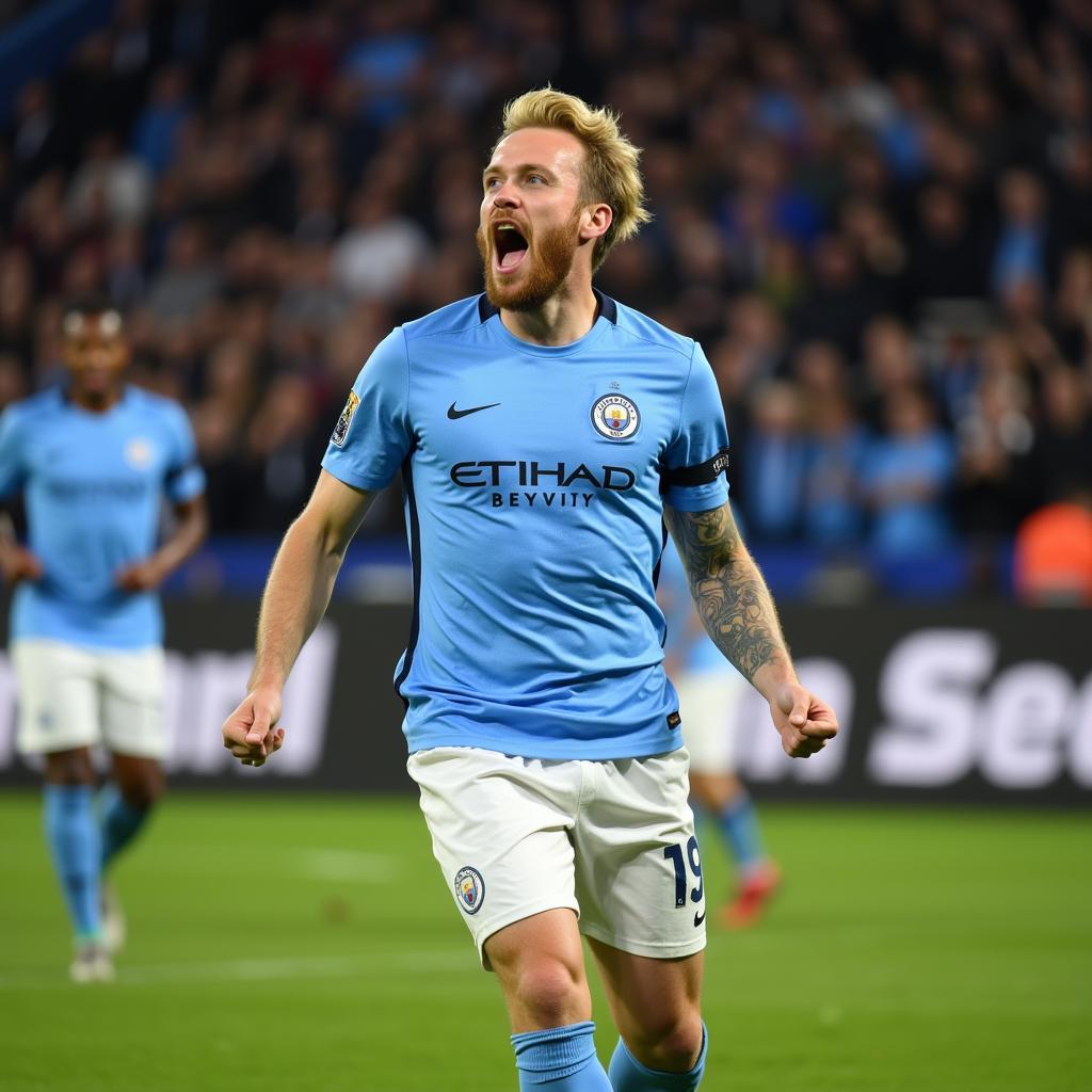 Erling Haaland playing for Manchester City: A photo of Haaland celebrating a goal in a Manchester City jersey.