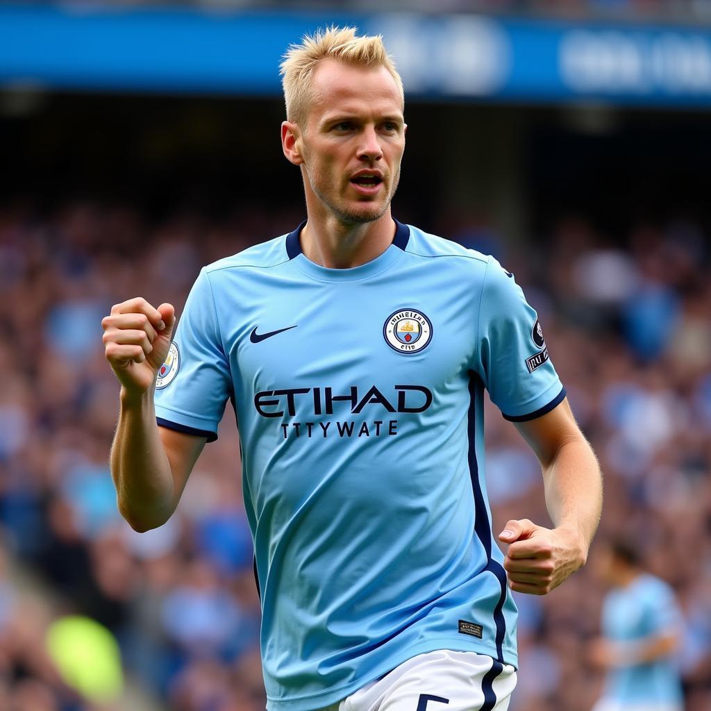 Erling Haaland in his Manchester City jersey, celebrating a goal