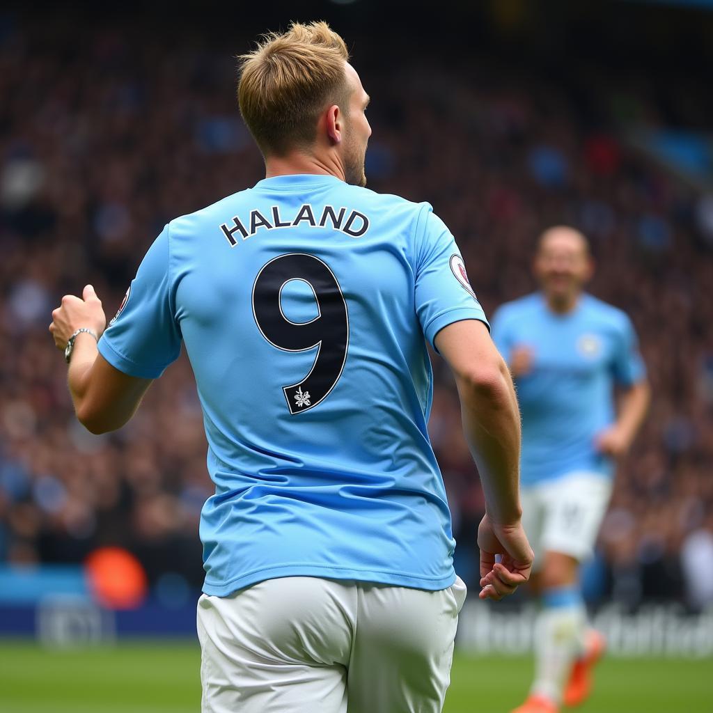 Erling Haaland wearing his Manchester City number 9 jersey, celebrating a goal in front of a cheering crowd.