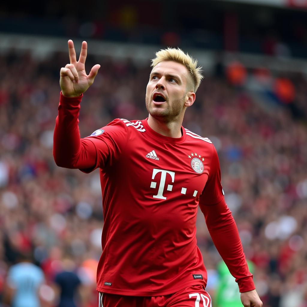 Erling Haaland celebrates a goal, showcasing his distinctive mop hairstyle