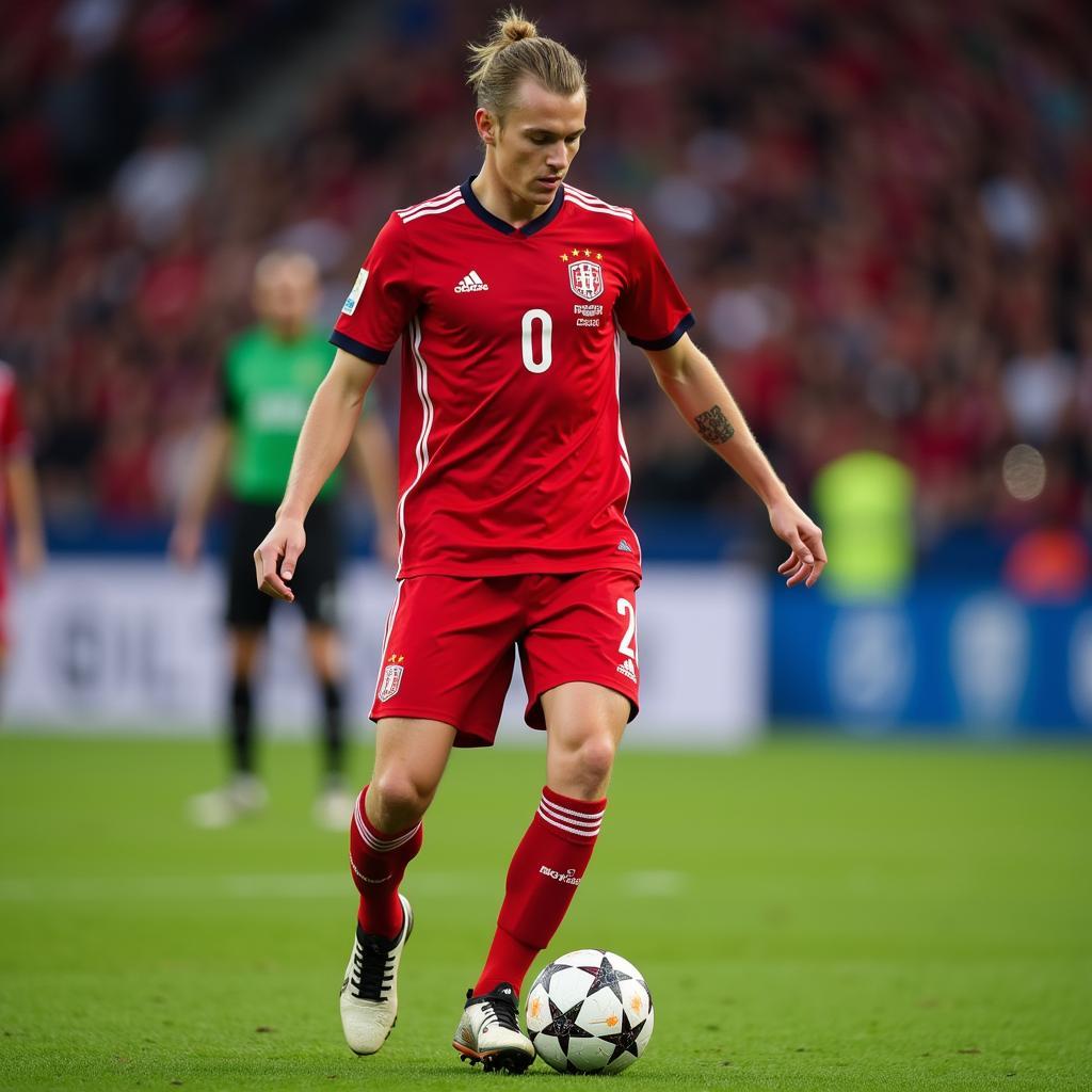 Erling Haaland representing Norway in his national team jersey, preparing to take a free kick